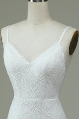 White Mermaid Spaghetti Straps Backless Wedding Dress with Lace V-neck