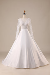 Ivory A Line Tulle Backless Wedding Dress with Long Sleeves V-neck