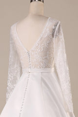 Ivory A Line Tulle Backless Wedding Dress with Long Sleeves V-neck