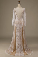 Champagne Long Sleeves Sweep Train Wedding Dress with Lace Open Back