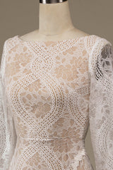 Champagne Long Sleeves Sweep Train Wedding Dress with Lace Open Back