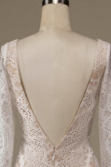 Champagne Long Sleeves Sweep Train Wedding Dress with Lace Open Back