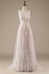 Ivory A Line V-Neck Backless Tulle Wedding Dress with Lace Open Back