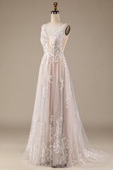 Ivory A Line V-Neck Backless Tulle Wedding Dress with Lace Open Back