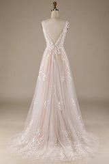 Ivory A Line V-Neck Backless Tulle Wedding Dress with Lace Open Back