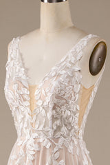 Ivory A Line V-Neck Backless Tulle Wedding Dress with Lace Open Back