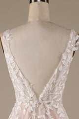 Ivory A Line V-Neck Backless Tulle Wedding Dress with Lace Open Back