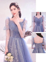 Blue tulle long prom dress, Blue A line evening dress