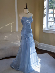 Inspired Blue Strapless Pleated Mermaid Gown Prom Evening Dresses Elegant
