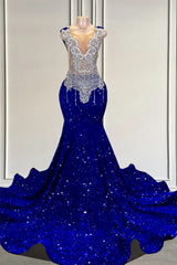 Koninklijke blauwe mouwloze mermaid prom -jurk met kralen en pailletten
