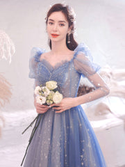 Blue tulle long prom dress, Blue A line evening dress