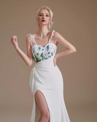Straps Appliques Backless Sheath Bridal Gown with Slit