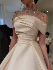 Elegant A-Line Evening Gown Elegant Dress Formal Floor Length Short Sleeve Illusion Neck Satin with Ruched Beading Prom Dress HZ1024