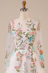 Ivory Flower A-Line Round Neck Sweep Train Wedding Dress with Long Sleeves Beautiful