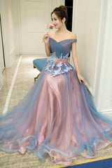 A-Line Tulle Lace Long Prom Dresses, Evening Dresses