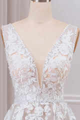 A Line V-Neck Sweep Train Ivory Wedding Dress With Lace Ivory Grey