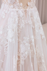 A Line V Neck Tulle Long Boho Wedding Dress with Lace Open Back Ivory Apricot