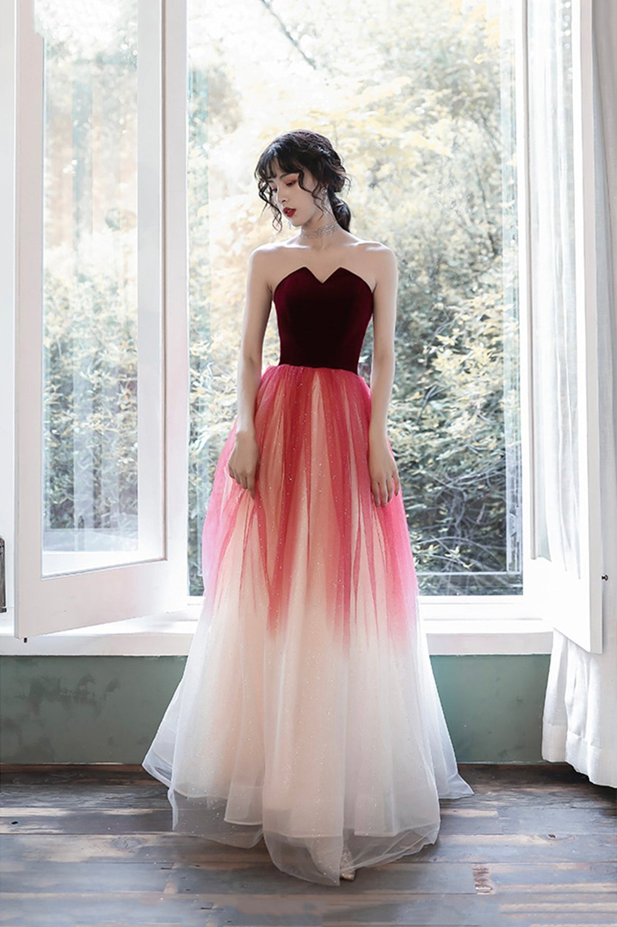 Burgundy Velvet Tulle Long Prom Dresses, A-Line Evening Dresses