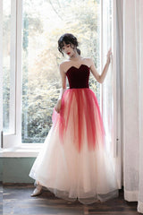 Burgundy Velvet Tulle Long Prom Dresses, A-Line Evening Dresses
