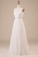 Ivory A Line Spaghetti Straps Long Wedding Dress V-neck