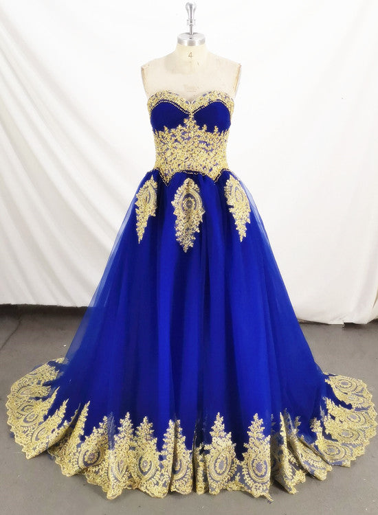 Charming Royal Blue Tulle Party Dress with Gold Lace Applique, Prom Dress