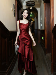 Elegant Burgundy Wedding Guest Outfit Ruffle Party Dresses Long