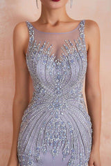 Lavender Round-Neck Sleeveless Mermaid Dress with Beading