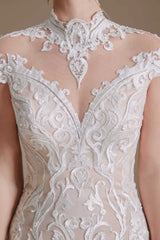 Off-White Lace High Collar Off-the-Shoulder Mermaid Wedding Dress