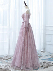 Pink Lace Off Shoulder Sleeves Long Party Dress, Lace Wedding Party Dress