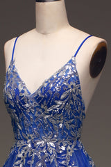 A Line Royal Blue Long Prom Dress With Appliques Sexy