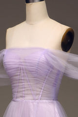 Lilac A Line Long Corset Prom Dress Off Shoulder