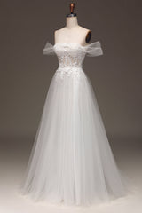 White A Line Off the Shoulder Corset Prom Dress with Appliques Sexy
