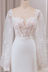 Ivory Mermaid Square Neck Corset Bridal Dress with Long Sleeves Sexy