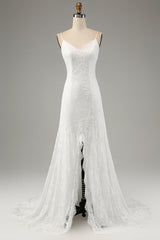 Ivory Mermaid Spaghetti Straps Long Wedding Dress with Slit Sexy
