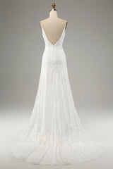 Ivory Mermaid Spaghetti Straps Long Wedding Dress with Slit Sexy