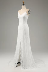 Ivory Mermaid Spaghetti Straps Long Wedding Dress with Slit Sexy