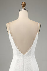 Ivory Mermaid Spaghetti Straps Long Wedding Dress with Slit Sexy
