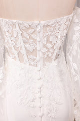 Ivory Mermaid Sweetheart V-Neck Court Train Bridal Dress With Appliqued Lace Off Shoulder