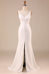 Ivory Spaghetti Straps V-Neck Sweep Train Wedding Dress With Slit Sexy