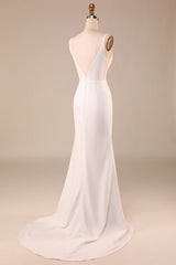 Ivory Spaghetti Straps V-Neck Sweep Train Wedding Dress With Slit Sexy