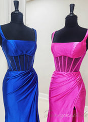 Straps Hot Pink Pleated Mermaid Prom Dress with Slit