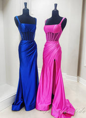 Straps Hot Pink Pleated Mermaid Prom Dress with Slit
