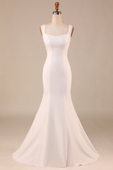 Ivory Mermaid Square Neck Sweep Train Wedding Dress Open Back
