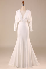 Ivory Mermaid V Neck Sweep Train Wedding Dress with Long Sleeves Sexy