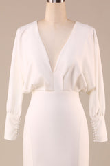 Ivory Mermaid V Neck Sweep Train Wedding Dress with Long Sleeves Sexy