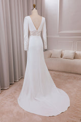 Ivory Mermaid Deep V-Neck Long Sleeves Crepe and Lace Wedding Dress Sexy