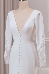Ivory Mermaid Deep V-Neck Long Sleeves Crepe and Lace Wedding Dress Sexy