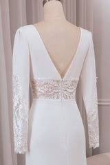 Ivory Mermaid Deep V-Neck Long Sleeves Crepe and Lace Wedding Dress Sexy