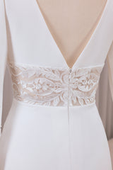 Ivory Mermaid Deep V-Neck Long Sleeves Crepe and Lace Wedding Dress Sexy