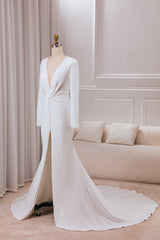 Ivory Mermaid Deep V-Neck Long Sleeves Crepe Wedding Dress with Front Slit Sexy